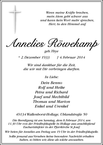 Traueranzeige von Annelies Röwekamp von Neue Osnabrücker Zeitung GmbH & Co. KG