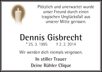Traueranzeige von Dennis Gisbrecht von Neue Osnabrücker Zeitung GmbH & Co. KG