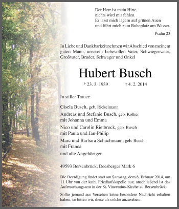 Traueranzeige von Hubert Busch von Neue Osnabrücker Zeitung GmbH & Co. KG