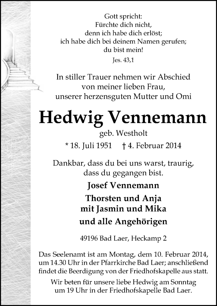  Traueranzeige für Hedwig Vennemann vom 06.02.2014 aus Neue Osnabrücker Zeitung GmbH & Co. KG