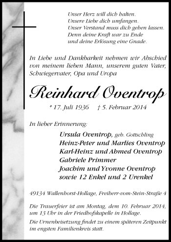 Traueranzeige von Reinhard Oventrop von Neue Osnabrücker Zeitung GmbH & Co. KG