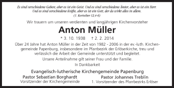 Traueranzeige von Anton Müller von Neue Osnabrücker Zeitung GmbH & Co. KG
