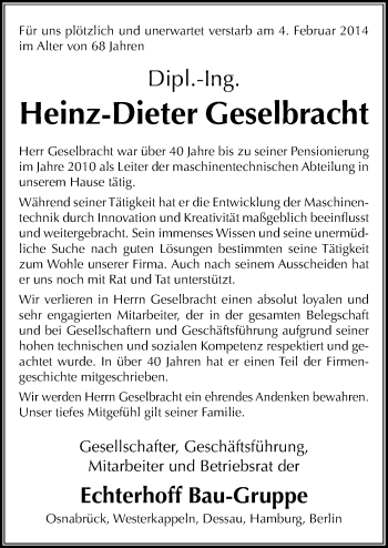 Traueranzeige von Heinz-Dieter Geselbracht von Neue Osnabrücker Zeitung GmbH & Co. KG
