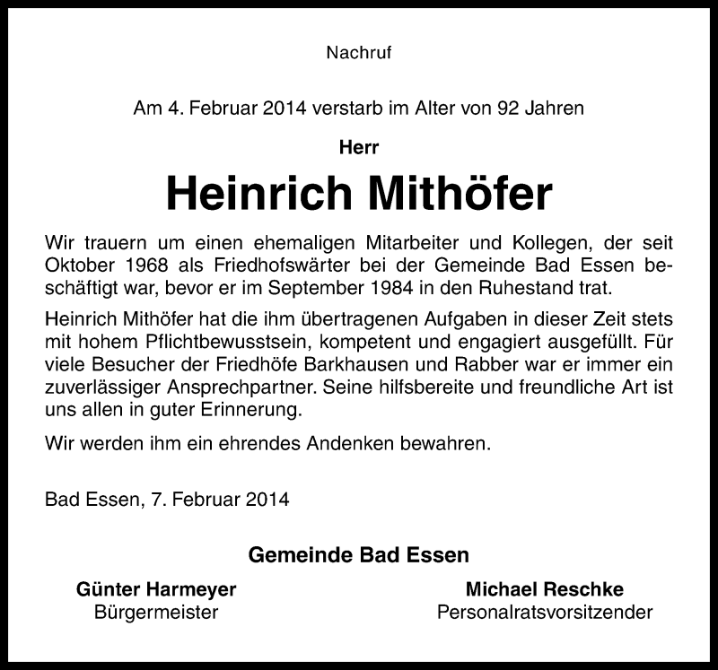  Traueranzeige für Heinrich Mithöfer vom 07.02.2014 aus Neue Osnabrücker Zeitung GmbH & Co. KG