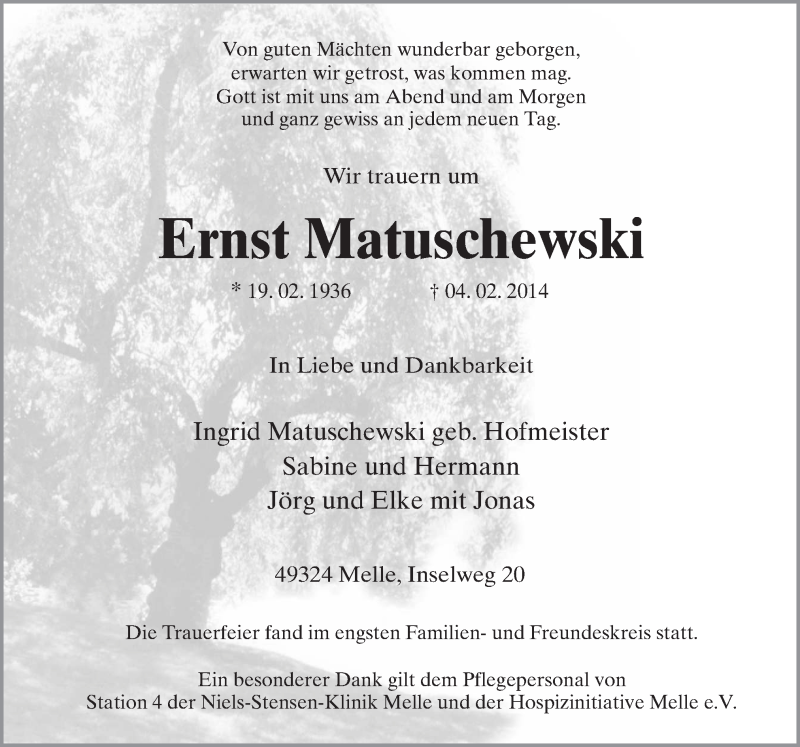  Traueranzeige für Ernst Matuschewski vom 11.02.2014 aus Neue Osnabrücker Zeitung GmbH & Co. KG