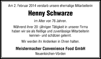 Traueranzeige von Henny Schwarze von Neue Osnabrücker Zeitung GmbH & Co. KG