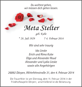 Traueranzeige von Meta Stelter von Neue Osnabrücker Zeitung GmbH & Co. KG