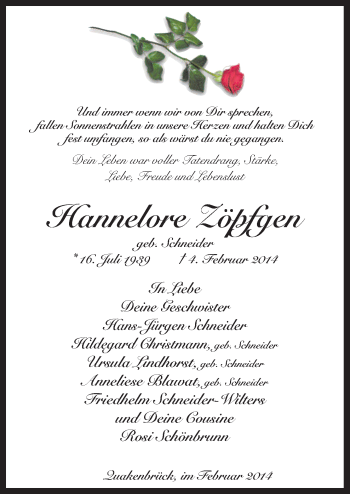Traueranzeige von Hannelore Zöpfgen von Neue Osnabrücker Zeitung GmbH & Co. KG