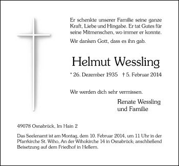 Traueranzeige von Helmut Wessling von Neue Osnabrücker Zeitung GmbH & Co. KG