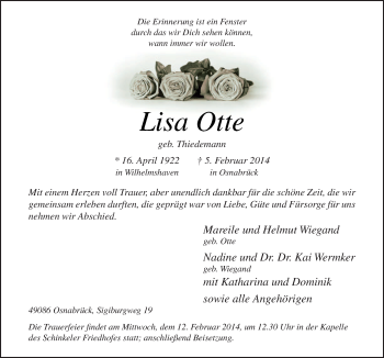 Traueranzeige von Lisa Otte von Neue Osnabrücker Zeitung GmbH & Co. KG