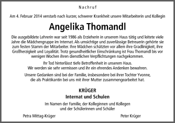 Traueranzeige von Angelika Thomandl von Neue Osnabrücker Zeitung GmbH & Co. KG