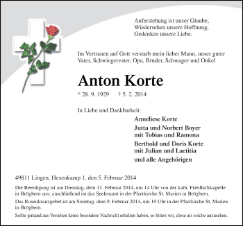 Traueranzeige von Anton Korte von Neue Osnabrücker Zeitung GmbH & Co. KG