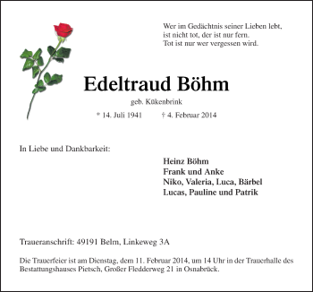Traueranzeige von Edeltraud Böhm von Neue Osnabrücker Zeitung GmbH & Co. KG
