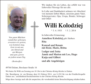 Traueranzeige von Willi Kolodziej von Neue Osnabrücker Zeitung GmbH & Co. KG