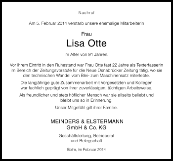 Traueranzeige von Lisa Otte von Neue Osnabrücker Zeitung GmbH & Co. KG
