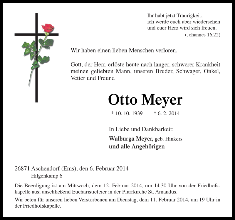  Traueranzeige für Otto Meyer vom 08.02.2014 aus Neue Osnabrücker Zeitung GmbH & Co. KG