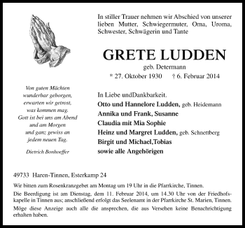Traueranzeige von Grete Ludden von Neue Osnabrücker Zeitung GmbH & Co. KG