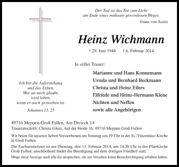 Traueranzeige von Heinz Wichmann von Neue Osnabrücker Zeitung GmbH & Co. KG