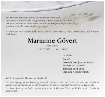 Traueranzeige von Marianne Gövert von Neue Osnabrücker Zeitung GmbH & Co. KG