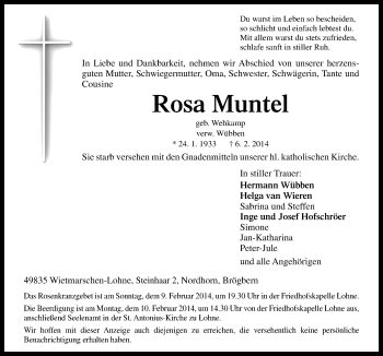 Traueranzeige von Rosa Muntel von Neue Osnabrücker Zeitung GmbH & Co. KG