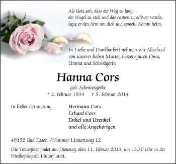 Traueranzeige von Hanna Cors von Neue Osnabrücker Zeitung GmbH & Co. KG