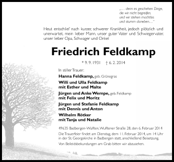 Traueranzeige von Friedrich Feldkamp von Neue Osnabrücker Zeitung GmbH & Co. KG