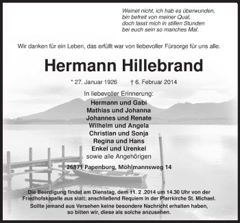 Traueranzeige von Hermann Hillebrand von Neue Osnabrücker Zeitung GmbH & Co. KG