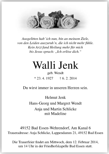Traueranzeige von Walli Jenk von Neue Osnabrücker Zeitung GmbH & Co. KG