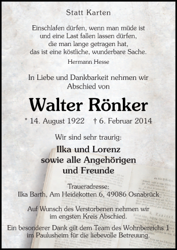 Traueranzeige von Walter Rönker von Neue Osnabrücker Zeitung GmbH & Co. KG