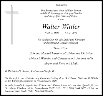 Traueranzeige von Walter Wittler von Neue Osnabrücker Zeitung GmbH & Co. KG