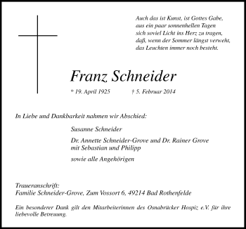 Traueranzeige von Franz Schneider von Neue Osnabrücker Zeitung GmbH & Co. KG