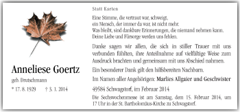 Traueranzeige von Anneliese Goertz von Neue Osnabrücker Zeitung GmbH & Co. KG