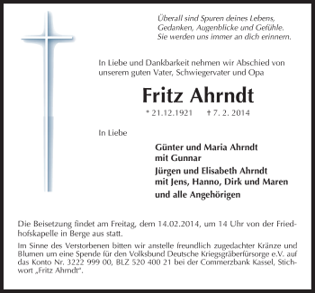 Traueranzeige von Fritz Ahrndt von Neue Osnabrücker Zeitung GmbH & Co. KG