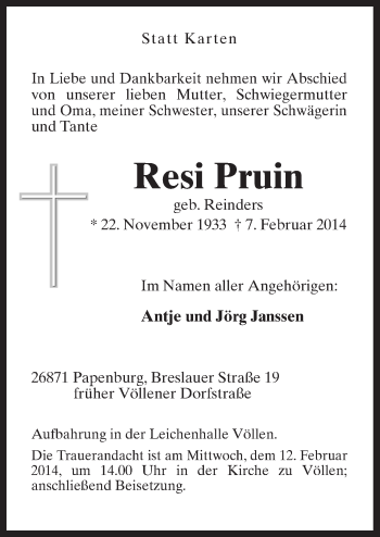 Traueranzeige von Resi Pruin von Neue Osnabrücker Zeitung GmbH & Co. KG