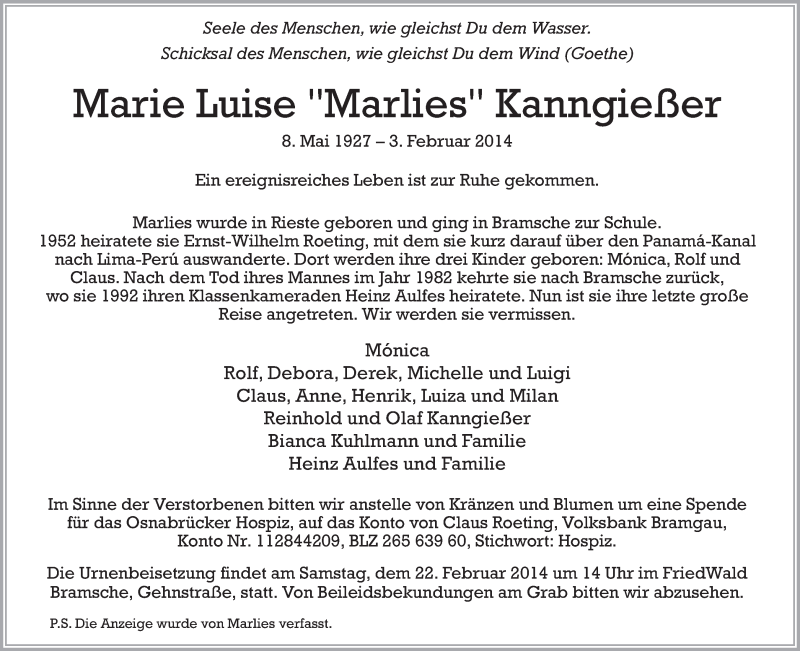  Traueranzeige für Marie Luise Kanngießer vom 15.02.2014 aus Neue Osnabrücker Zeitung GmbH & Co. KG