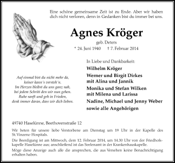 Traueranzeige von Agnes Kröger von Neue Osnabrücker Zeitung GmbH & Co. KG