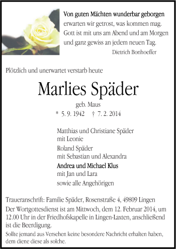 Traueranzeige von Marlies Späder von Neue Osnabrücker Zeitung GmbH & Co. KG