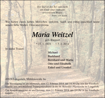 Traueranzeige von Maria Weitzel von Neue Osnabrücker Zeitung GmbH & Co. KG