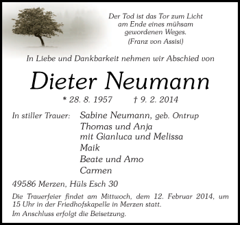 Traueranzeige von Dieter Neumann von Neue Osnabrücker Zeitung GmbH & Co. KG
