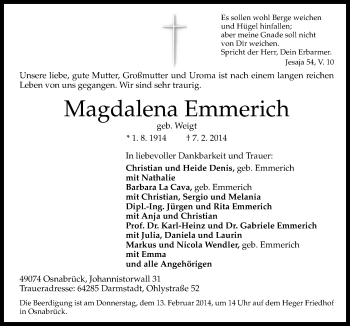 Traueranzeige von Magdalena Emmerich von Neue Osnabrücker Zeitung GmbH & Co. KG