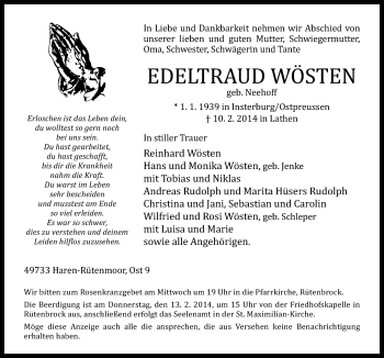 Traueranzeige von Edeltraut Wösten von Neue Osnabrücker Zeitung GmbH & Co. KG