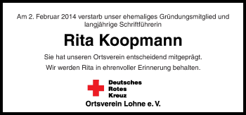 Traueranzeige von Rita Koopmann von Neue Osnabrücker Zeitung GmbH & Co. KG