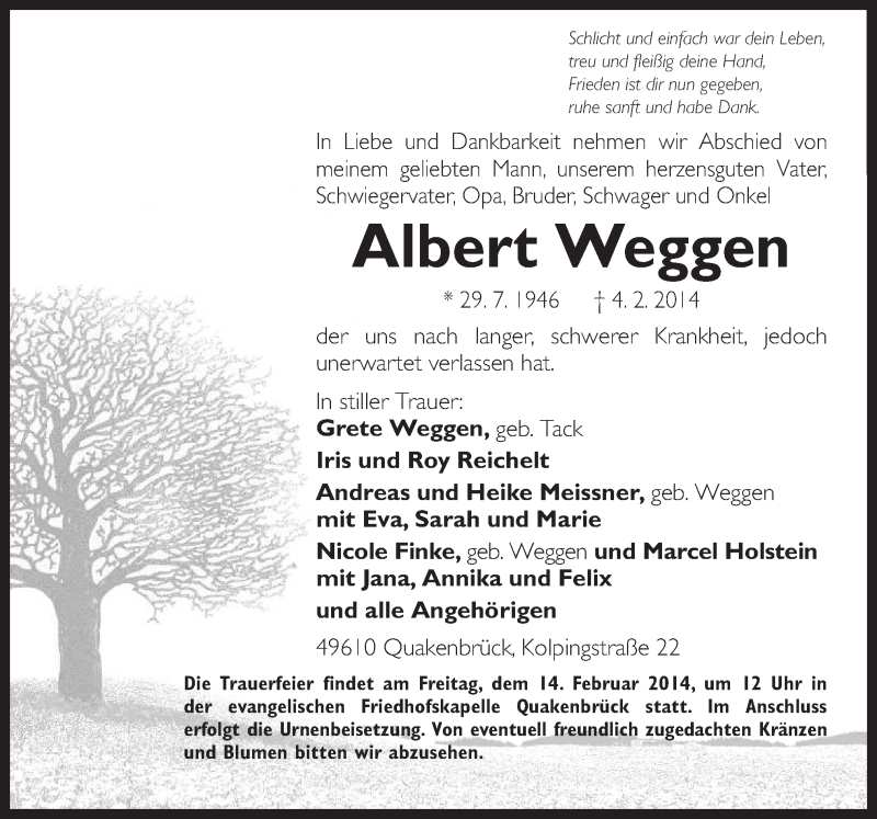  Traueranzeige für Albert Weggen vom 11.02.2014 aus Neue Osnabrücker Zeitung GmbH & Co. KG