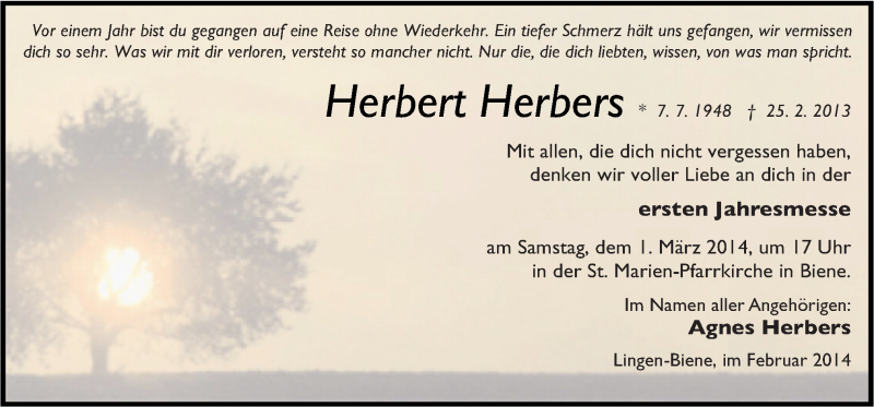  Traueranzeige für Herbert Herbers vom 25.02.2014 aus Neue Osnabrücker Zeitung GmbH & Co. KG