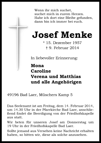 Traueranzeige von Josef Menke von Neue Osnabrücker Zeitung GmbH & Co. KG