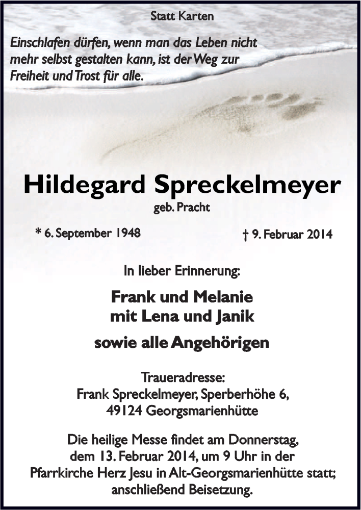 Traueranzeige für Hildegard Spreckelmeyer vom 11.02.2014 aus Neue Osnabrücker Zeitung GmbH & Co. KG