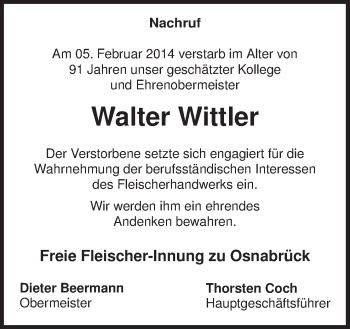 Traueranzeige von Walter Wittler von Neue Osnabrücker Zeitung GmbH & Co. KG
