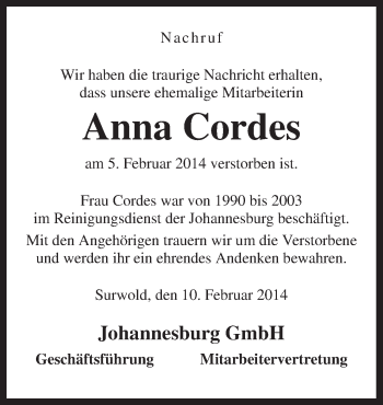 Traueranzeige von Anna Cordes von Neue Osnabrücker Zeitung GmbH & Co. KG