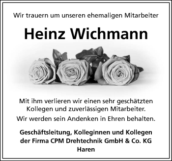 Traueranzeige von Heinz Wichmann von Neue Osnabrücker Zeitung GmbH & Co. KG
