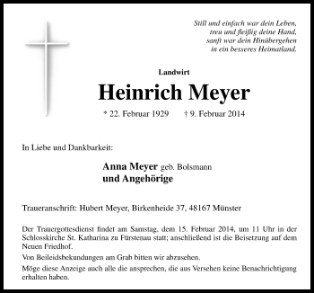 Traueranzeige von Heinrich Meyer von Neue Osnabrücker Zeitung GmbH & Co. KG